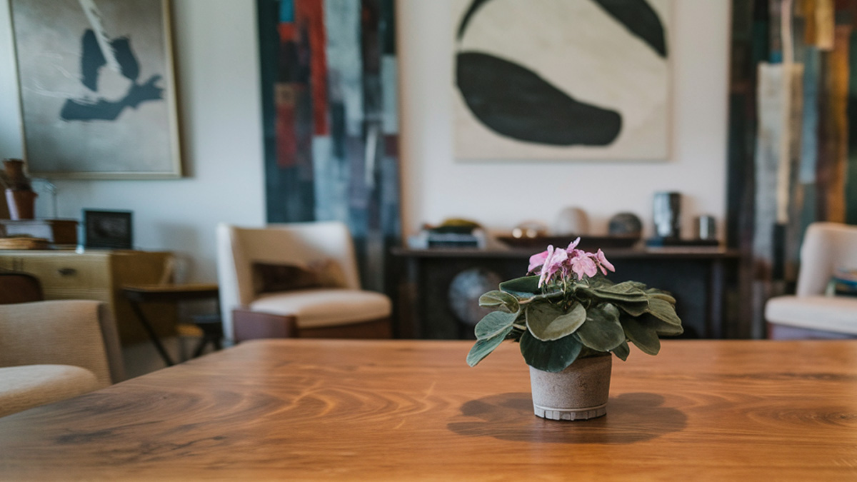 African Violet Plant in a pot sitting on a table indoors